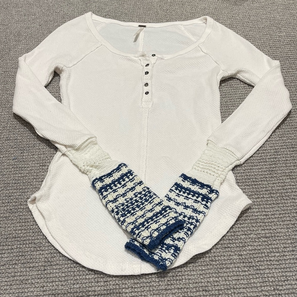 Free People Ski Lodge Cuff Thermal in Ivory/Blue (XS) - Picture 4 of 7